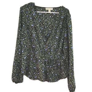 Michael Kors Black Green Wrap Floral, Print, Long Sleeve Top XL Flowers Sheer